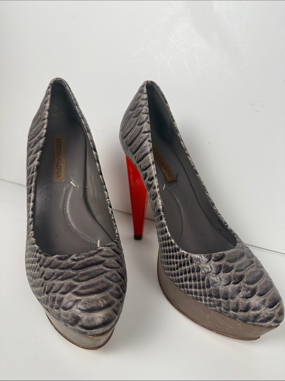 BCBGMaxAzria Gray Textured Platform Pumps with Red Heels